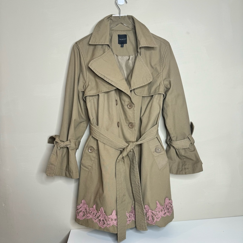 Lane Bryant Belted Trench Coat Tan Embroidery Double Breasted